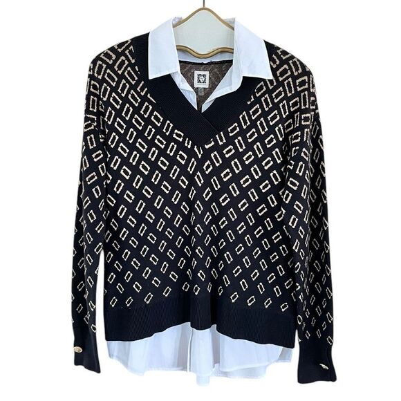 Anne Klein Sweater W/ Attached Blouse Gold Button Detail - Picture 1 of 9